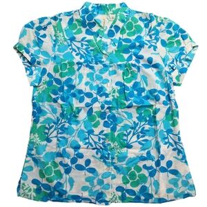 St John's Bay Women's Blue/Green Floral Print Button Up Shirt PS Petite Small